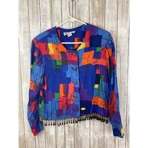 Vintage 80's Pegaso Color Block Crop Rayon Long Sleeve Beaded shirt Size 10